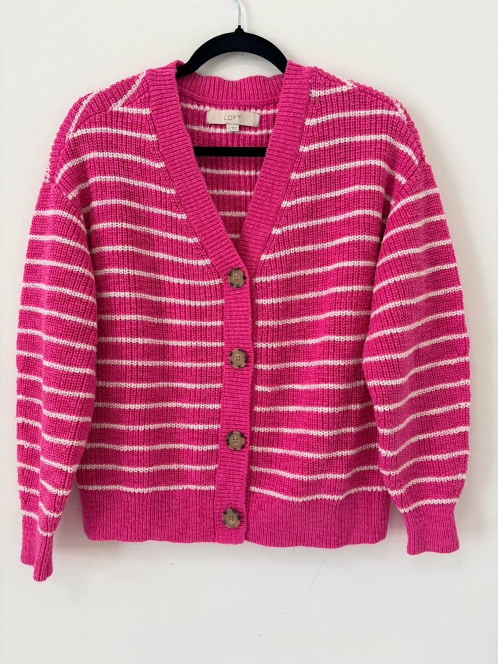 LOFT Pink White Striped Button Front Chunky Cardigan Sz M EUC